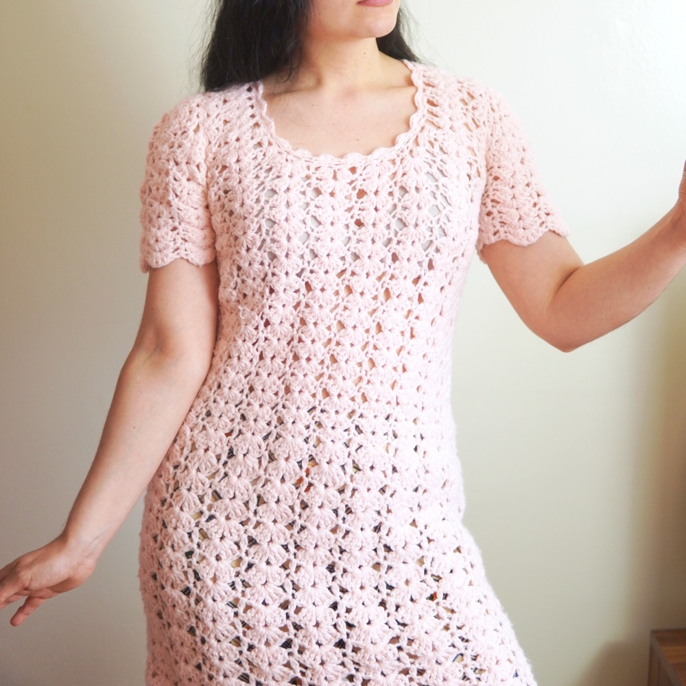 Handmade VTG crochet knit baby pink dress